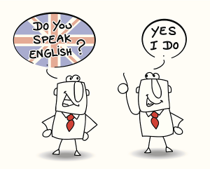 Na obrazku dwa rysunkowe ludziki rozmawiają po angielsku o znajomości tego języka