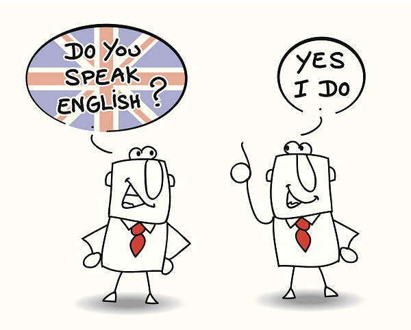 Na obrazku dwa rysunkowe ludziki rozmawiają po angielsku o znajomości tego języka.